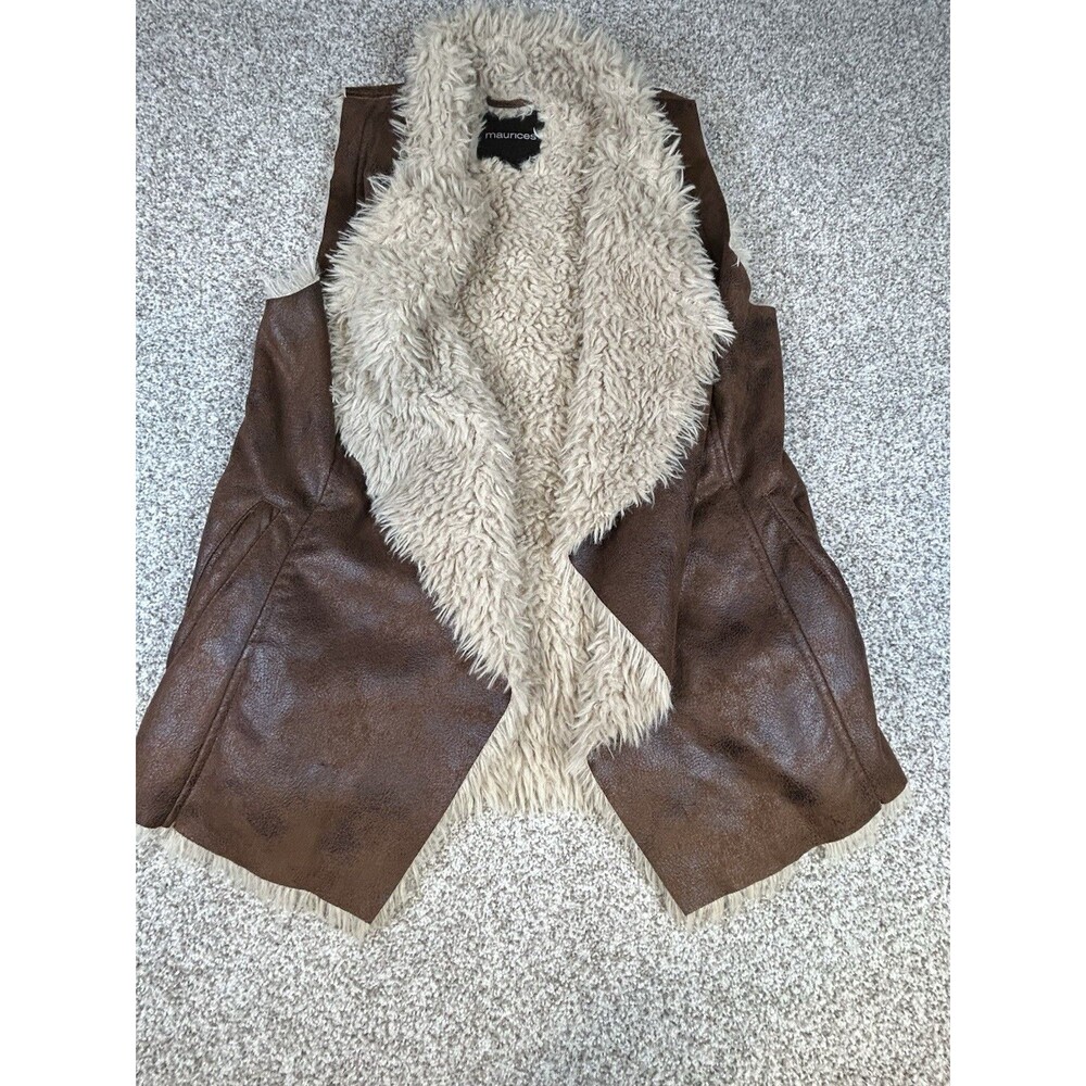 Maurices‎ M Sleeveless Faux Fur / Leather Open Front Brown Pockets Outdoor Vest